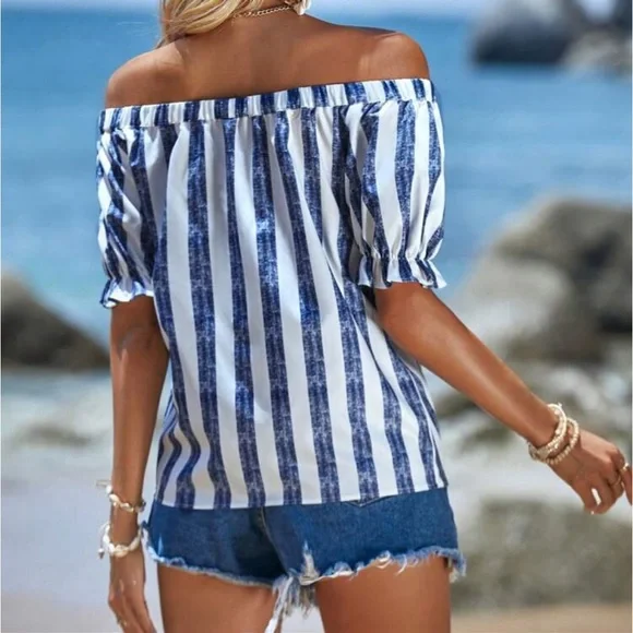 Classic Stripe Print Off Shoulder Cut Out Front Puff Sleeve Top Blouse Shirt - Picture 2 of 6